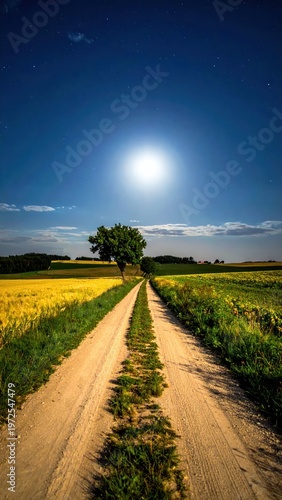 Serene Moonlit Pathway Through Golden Fields at Nighttime