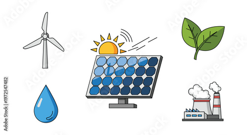 A comprehensive collection of colorful flat icons depicts various renewable energy sources such as wind turbines, solar panels, water drops, and leaves.