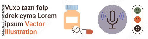 Healthcare, digital communication, drug usage, speech recording, online reviews, user feedback. Bottle, pills microphone icon and emotion feedback scale. Healthcare and digital communication