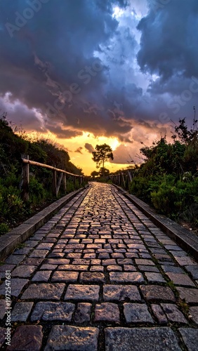 Scenic pathway leading towards sunset behind clouds and trees
