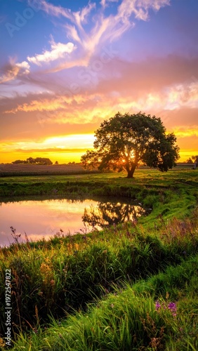 Serene Sunset Over Tranquil Water with Lush Green Landscape