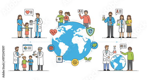 A detailed line art illustration features diverse medical researchers and doctors collaborating around a central globe surrounded by various health icons.