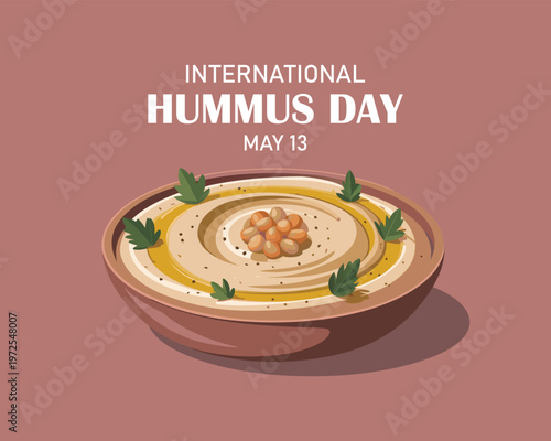 Top view of hummus, isolated on red background, as international hummus day template. vector illustration.