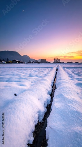 Snowy Landscape at Dusk with Soft Sunset and Moon in Sky