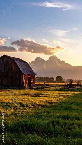 Serene Mountain Landscape with Rustic Barn at Sunset Glow