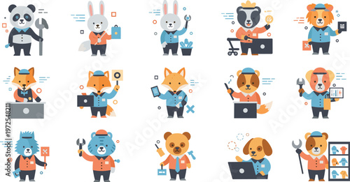 Cute Animal Worker Cartoon Set with Panda, Rabbit, Fox, Dog Characters, Professional Jobs, Tools, and Office Work Vector Illustration Collection.