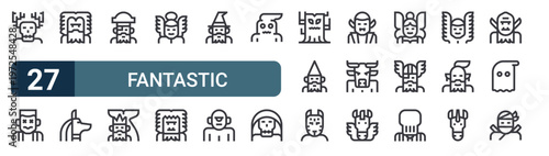 Fotografie 27 thin line Fantastic Characters icons set for web, mobile apps and digital interface design featuring wendigo, frankenstein, bigfoot, anubis, pirate, poseidon, angel, yeti and wizard