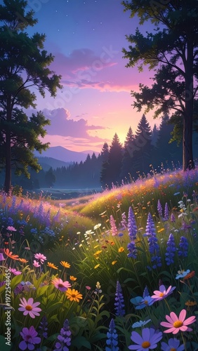 Serene Sunset Over Vibrant Wildflower Field in Lush Landscape