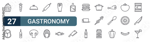 27 thin line Gastronomy icons set for web, mobile apps and digital interface design featuring cupcake, meat, carrot, wine bottle, food tray, mushroom, rolling pin, fish and beer. Editable stroke