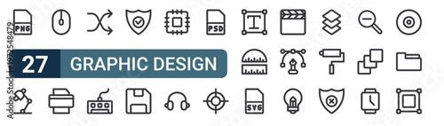 27 thin line Graphic Design icons set for web, mobile apps and digital interface design featuring png, desk lamp, mouse, printer, shuffle, keyboard, protection, diskette and cpu. Editable stroke