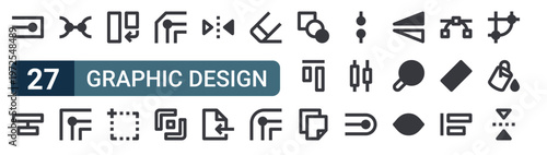 27 thin line Graphic Design icons set for web, mobile apps and digital interface design featuring node, align, nodes, C733l 038 outline, rotate, artboard, bevel, graphic tool and flip. Editable
