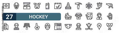 27 thin line Hockey icons set for web, mobile apps and digital interface design featuring canada, bag, helmet, referee, first aid kit, hockey goal, chest guard, foam hand and beer can. Editable