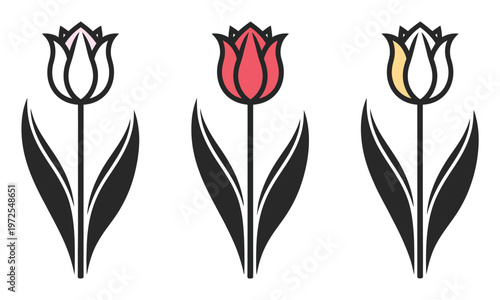 Three stylized tulips in pink, red, and yellow with black stems and leaves