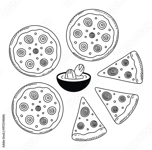 Hand-drawn of pizzas and dipping sauce