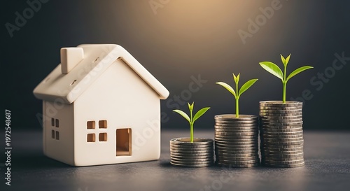 Small white house model next to stacks of coins with growing plants representing financial growth and investment in real estate and savings.