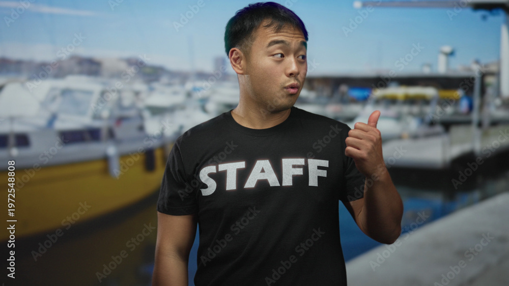 Fototapeta premium Man in staff t shirt on boat gives thumbs up with hand beside building in bright sunlight; approval.