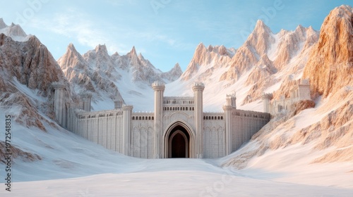 A massive formidable fortress carved directly into the granite face of a towering snow capped mountain range. Stone bridges and immense gates