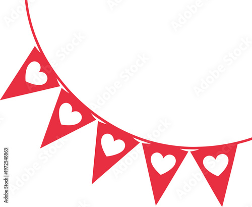 Red bunting flags with white heart shapes hanging on a string