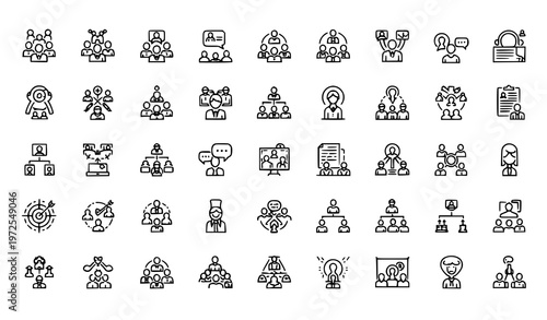 Minimal teamwork business management line icon set editable stroke pixel perfect 64x64 vector collection