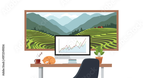 A professional computer monitor showing a colorful line graph sits on a desk next to a sleeping ginger cat and a steaming cup of coffee in a quiet sunlit room.