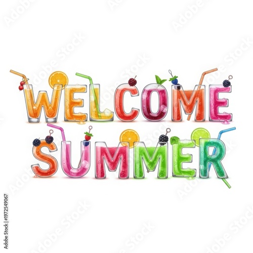 Welcome Summer Text Design with Fruity Drinks and White Background