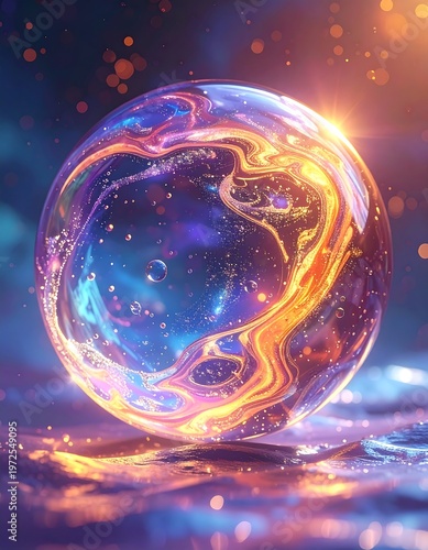 Translucent sphere with swirling colors rests on a subtly textured surface, accented by radiant specks