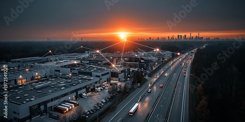 Smart industrial park with connected warehouses and highway traffic at sunset representing digital logistics