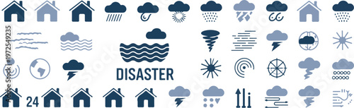 Collection of weather and disaster icons in blue and light blue tones, illustrating natural phenomena and emergency situations.