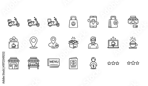 Food delivery line icon set online food app symbols editable stroke pixel perfect 64x64 vector collection