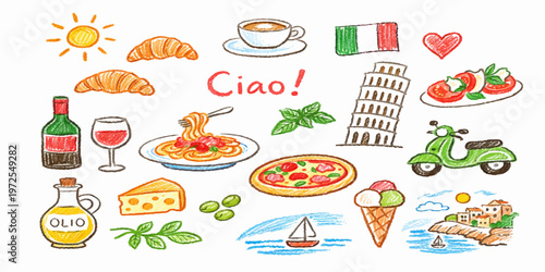 Vibrant Ciao Italian Doodles Collection with Food, Vespa and Pisa Tower