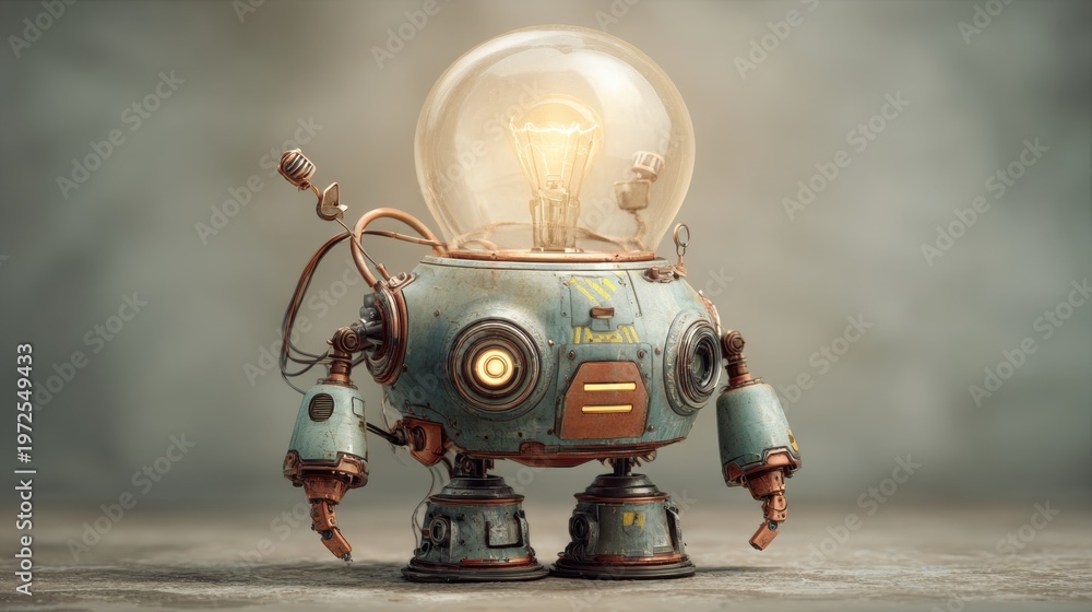 Fototapeta premium Vintage robot with glowing lightbulb head on textured surface