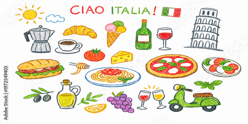 Colorful Ciao Italia Doodles Set with Pizza, Pasta and Leaning Tower