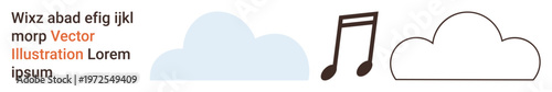 Digital media, music streaming, weather applications, vector design, branding, sketch concepts. Minimalist graphic showing a filled cloud, an outlined cloud and a music note. Digital media and music