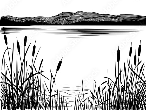 Black and white of cattails and reeds by a lake with distant hills nature landscape