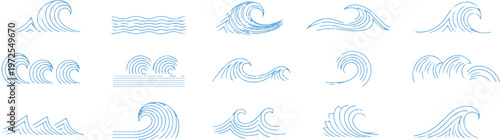 Wave icons set of various shapes and styles, abstract water elements vector illustration.