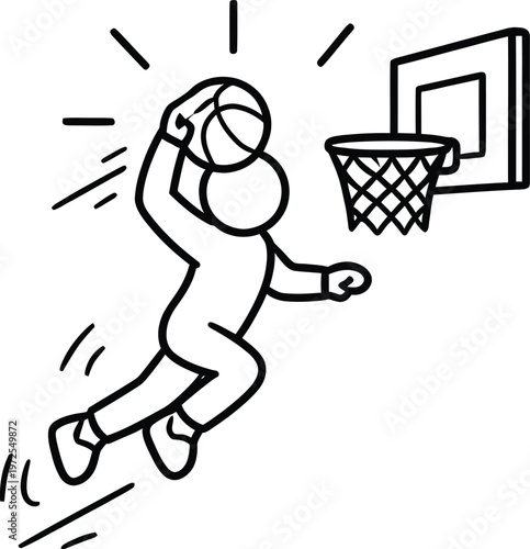 Stick figure basketball player performing a slam dunk into a hoop