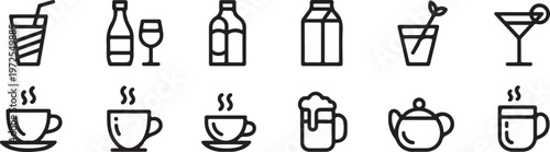 Set of drink and beverage vector icons on transparent background showing various glasses bottles and cups.