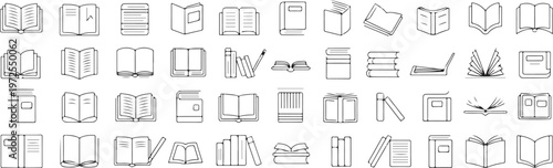 Extensive library of open book line icons in various perspectives and styles representing literature education and knowledge.
