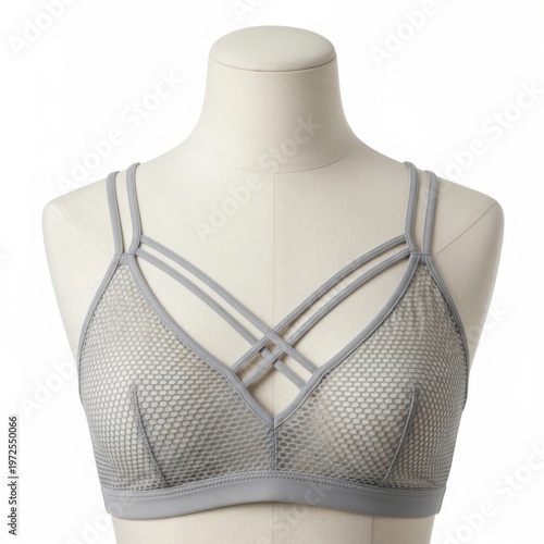 Grey Mesh Bralette with Strappy Cage Design on Mannequin