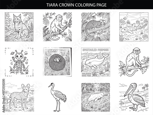 Tiara crown coloring page featuring bobcat monkey leopard shark alien hedgehog spectacled porpoise dolphin wild dog heron pelican