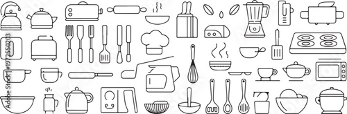 Kitchenware and cooking utensils line art icon set, culinary tools outline vector illustration, home appliance collection.