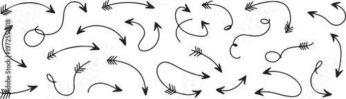 Hand drawn arrows collection black doodle arrows pointing in various directions isolated on transparent background sketch style vector.