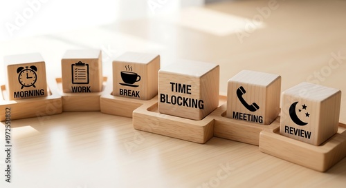 Wooden blocks illustrating a time blocking schedule with icons for morning, work, break, time blocking, meetings, and review.