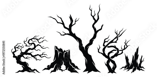 A black and white illustration of bare trees and tree stumps on a plain background