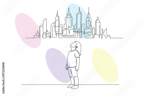 Continuous Line Drawing of a Child Gazing at a City Skyline with Pastel Watercolor Shapes, Representing Dreams and Future Aspirations