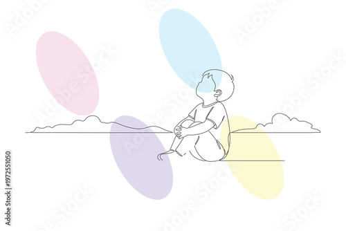 Continuous Line Drawing of a Child Gazing Upward with Abstract Colorful Shapes, Hand-Drawn Illustration of a Kid's Dreamy Day