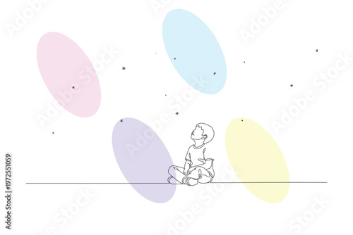Continuous Line Drawing of a Child Gazing Upward with Abstract Shapes, Representing Wonder and Imagination in a Minimalist Style