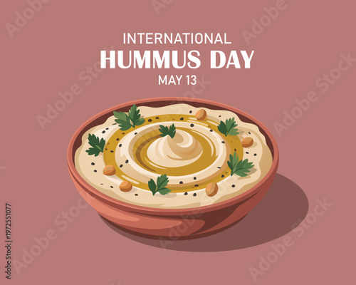 Top view of hummus, isolated on red background, as international hummus day template. vector illustration.