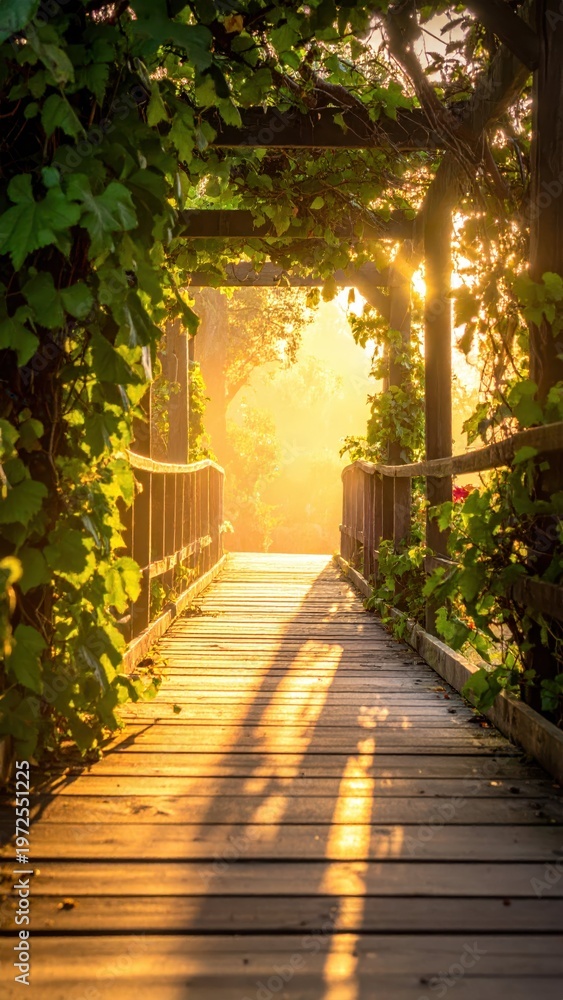 Fototapeta premium Serene Wooden Walkway Surrounded by Lush Greenery and Light