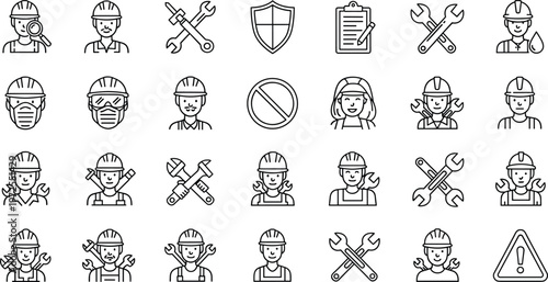 Set of construction worker icons with helmets tools and safety equipment on transparent background.